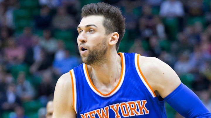 Mar 10, 2015; Salt Lake City, UT, USA; New York Knicks center Andrea Bargnani (77) looks to pass during the first quarter against the Utah Jazz at EnergySolutions Arena. Mandatory Credit: Russ Isabella-Imagn Images