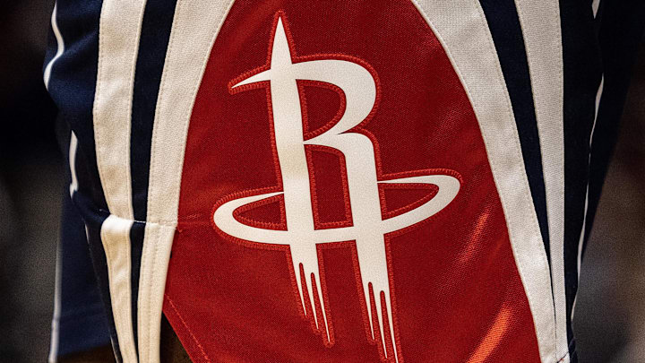 Mar 31, 2023; Houston, Texas, USA;  A detail of the Houston Rockets logo on the side of Houston Rockets forward Tari Eason (17) shorts as he plays against the Detroit Pistons in the second quarter at Toyota Center. Mandatory Credit: Thomas Shea-Imagn Images