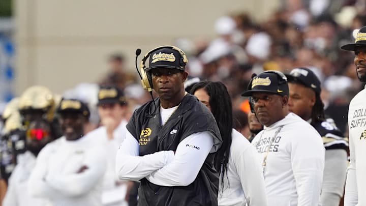Aug 29, 2025; Boulder, Colorado, USA; Colorado Buffaloes head coach Deion Sanders on the sidelines in the second quarter against the Georgia Tech Yellow Jackets at Folsom Field. Mandatory Credit: Ron Chenoy-Imagn Images