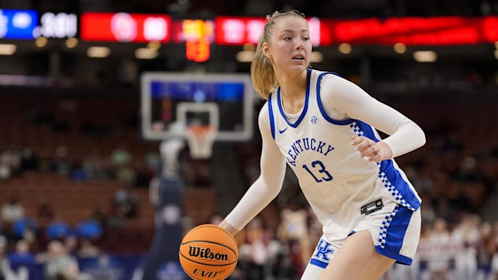 Mar 7, 2025; Greenville, SC, USA;  Kentucky Wildcats center Clara Strack (13) handles the ball against the Oklahoma Sooners during the second half at Bon Secours Wellness Arena. Mandatory Credit: Jim Dedmon-Imagn Images