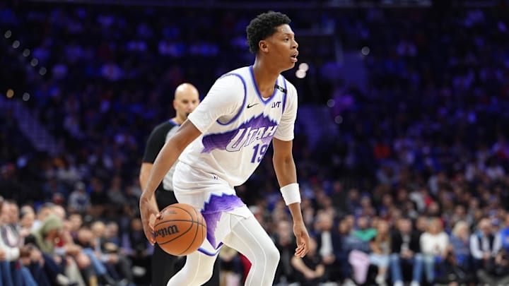 Mar 4, 2026; Philadelphia, Pennsylvania, USA; Utah Jazz guard Ace Bailey (19) controls the ball against the Philadelphia 76ers in the fourth quarter at Xfinity Mobile Arena. Mandatory Credit: Kyle Ross-Imagn Images
