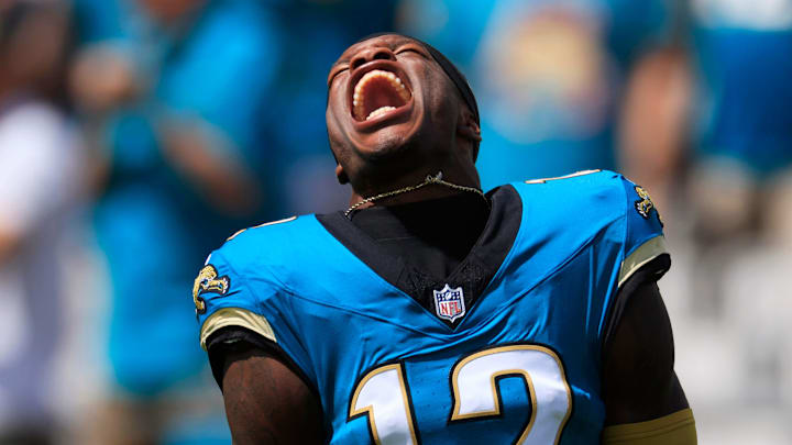 Jacksonville Jaguars wide receiver Travis Hunter (12) yells as his is introduced before an NFL football matchup at EverBank Stadium, Sunday, Sept. 21, 2025, in Jacksonville, Fla. The Jaguars defeated the Texans 17-10.