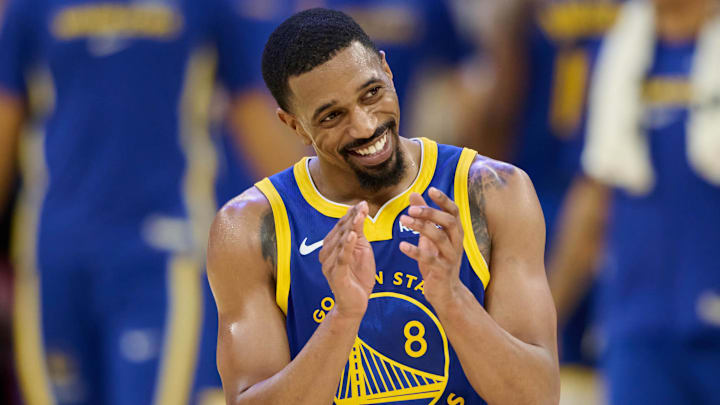 Jan 7, 2026; San Francisco, California, USA; Golden State Warriors guard De'Anthony Melton (8) reacts at the end of the game against the Milwaukee Bucks during the fourth quarter at Chase Center. Mandatory Credit: Robert Edwards-Imagn Images
