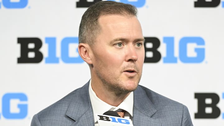 Jul 24, 2024; Indianapolis, IN, USA; USC Trojans head coach Lincoln Riley speaks to the media during the Big 10 football media day at Lucas Oil Stadium. Mandatory Credit: Robert Goddin-Imagn Images