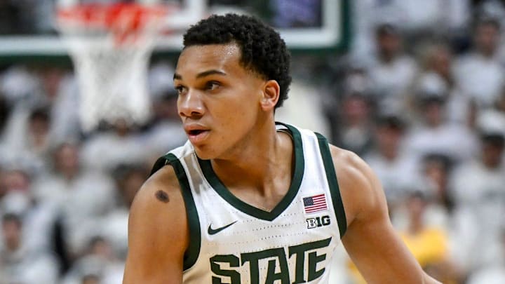 Michigan State's Divine Ugochukwu moves the ball against Arkansas during the first half on Saturday, Nov. 8, 2025, at the Breslin Center in East Lansing. Michigan State's Divine Ugochukwu moves the ball against Arkansas during the first half on Saturday, Nov. 8, 2025, at the Breslin Center in East Lansing.