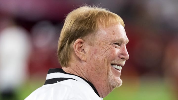 Aug 23, 2025; Glendale, Arizona, USA; Las Vegas Raiders owner Mark Davis against the Arizona Cardinals during a preseason NFL game at State Farm Stadium. Mandatory Credit: Mark J. Rebilas-Imagn Images