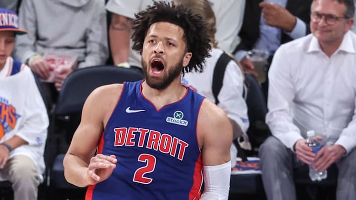 Apr 29, 2025; New York, New York, USA; Detroit Pistons guard Cade Cunningham (2) celebrates after scoring in the third quarter against the New York Knicks during game five of first round for the 2025 NBA Playoffs at Madison Square Garden. Mandatory Credit: Wendell Cruz-Imagn Images