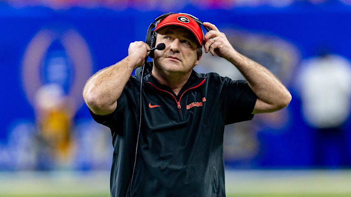 Jan 2, 2025; New Orleans, LA, USA;  Georgia Bulldogs head coach Kirby Smart looks on against the Notre Dame Fighting Irish during the first half at Caesars Superdome.