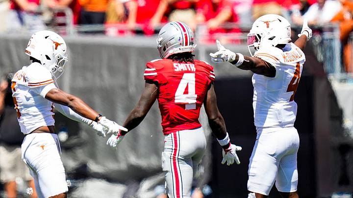 Texas Longhorns defensive back Malik Muhammad (5) and defensive back Jelani McDonald (4) react after Ohio State Buckeyes wide receiver Jeremiah Smith (4) dropped a pass in the second half at Ohio Stadium on Saturday, Aug. 30, 2025 in Columbus, Ohio. Texas Longhorns defensive back Malik Muhammad (5) and defensive back Jelani McDonald (4) react after Ohio State Buckeyes wide receiver Jeremiah Smith (4) dropped a pass in the second half at Ohio Stadium on Saturday, Aug. 30, 2025 in Columbus, Ohio.
