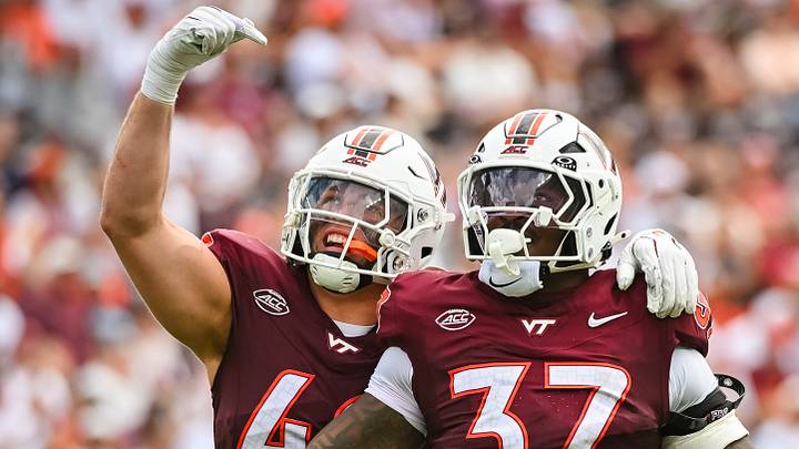 Sep 12, 2026; Blacksburg, Va.; Virginia Tech defensive lineman Mylachi Williams (37), defensive lineman Aycen Stevens (42) and linebacker Curtis Jones Jr. (not pictured) celebrate a sack. Sep 12, 2026; Blacksburg, Va.; Virginia Tech defensive lineman Mylachi Williams (37), defensive lineman Aycen Stevens (42) and linebacker Curtis Jones Jr. (not pictured) celebrate a sack.