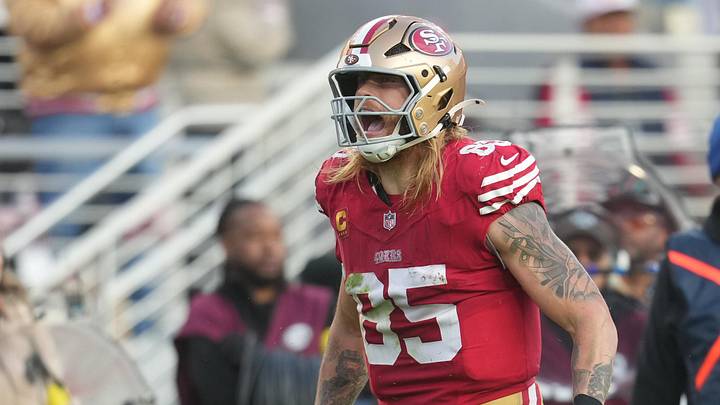 Dec 14, 2025; Santa Clara, California, USA; San Francisco 49ers tight end George Kittle (85) reacts during the third quarter against the Tennessee Titans at Levi's Stadium. Mandatory Credit: Cary Edmondson-Imagn Images Dec 14, 2025; Santa Clara, California, USA; San Francisco 49ers tight end George Kittle (85) reacts during the third quarter against the Tennessee Titans at Levi's Stadium. Mandatory Credit: Cary Edmondson-Imagn Images
