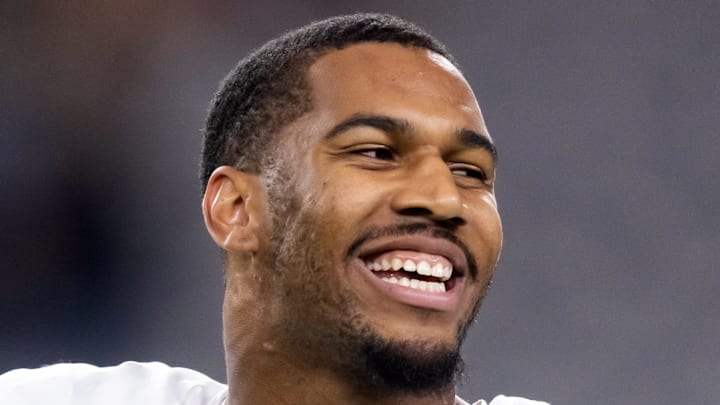 Aug 23, 2025; Glendale, Arizona, USA; Las Vegas Raiders defensive end Charles Snowden (49) against the Arizona Cardinals during a preseason NFL game at State Farm Stadium. Mandatory Credit: Mark J. Rebilas-Imagn Images