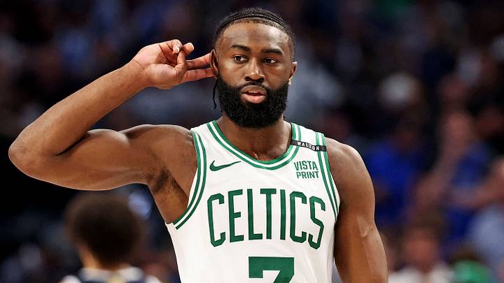Jun 12, 2024; Dallas, Texas, USA; Boston Celtics guard Jaylen Brown (7) reacts to the crowd during the fourth quarter during game three of the 2024 NBA Finals against the Dallas Mavericks at American Airlines Center. Mandatory Credit: Kevin Jairaj-USA TODAY Sports Jun 12, 2024; Dallas, Texas, USA; Boston Celtics guard Jaylen Brown (7) reacts to the crowd during the fourth quarter during game three of the 2024 NBA Finals against the Dallas Mavericks at American Airlines Center. Mandatory Credit: Kevin Jairaj-USA TODAY Sports