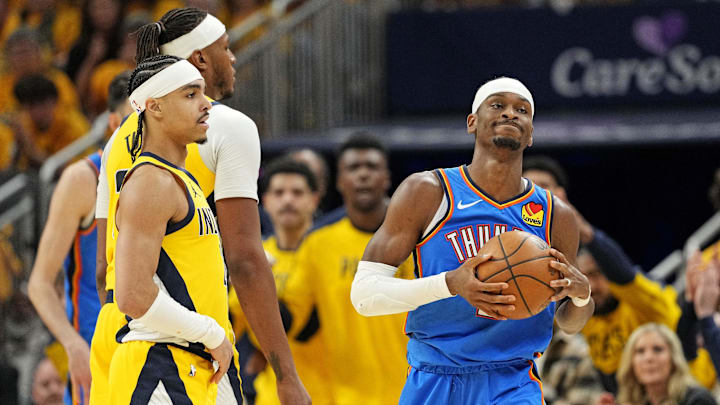 Jun 11, 2025; Indianapolis, Indiana, USA; Oklahoma City Thunder guard Shai Gilgeous-Alexander (2) reacts during the third quarter of the game against the Indiana Pacers in game three of the 2025 NBA Finals at Gainbridge Fieldhouse. Mandatory Credit: Kyle Terada-Imagn Images