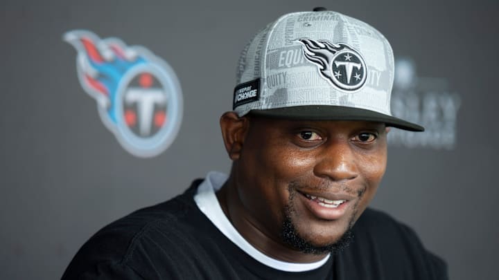 Tennessee Titans Defensive Coordinator Dennard Wilson fields questions during mandatory mini-camp at Ascension Saint Thomas Sports Park in Nashville, Tenn., Wednesday, June 5, 2024.