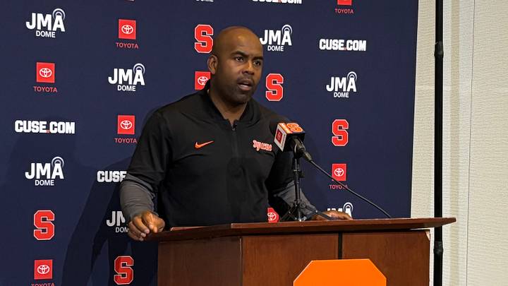 Aug 31, 2026; Syracuse, NY, USA; Syracuse head coach Fran Brown addresses the media at John A. Lally Athletics Complex. | Aug 31, 2026; Syracuse, NY, USA; Syracuse head coach Fran Brown addresses the media at John A. Lally Athletics Complex. |