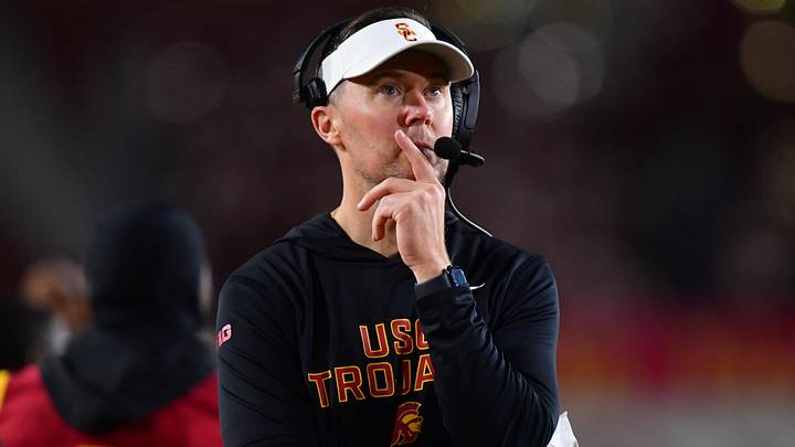 Nov 7, 2025; Los Angeles, California, USA; Southern California Trojans head coach Lincoln Riley watches game action against the Northwestern Wildcats during the second half at the Los Angeles Memorial Coliseum. Mandatory Credit: Gary A. Vasquez-Imagn Images