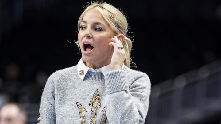 Mar 6, 2026; Kansas City, MO, USA; Arizona State head coach Molly Miller reacts to a play against West Virginia during the first half at T-Mobile Center. Mandatory Credit: Nick Tre. Smith-Imagn Images Mar 6, 2026; Kansas City, MO, USA; Arizona State head coach Molly Miller reacts to a play against West Virginia during the first half at T-Mobile Center. Mandatory Credit: Nick Tre. Smith-Imagn Images