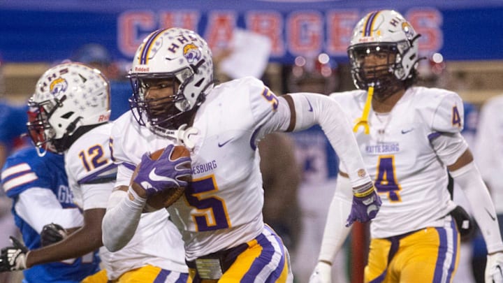 Hattiesburg's Tristen Keys (5) returns for the Tigers during play against Grenada in the MHSAA 6A championship game in Hattiesburg, Miss., Saturday, Dec. 7, 2024.