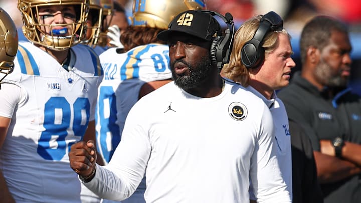 Oct 19, 2024; Piscataway, New Jersey, USA; UCLA Bruins head coach DeShaun Foster during the second half against the Rutgers Scarlet Knights at SHI Stadium. Mandatory Credit: Vincent Carchietta-Imagn Images