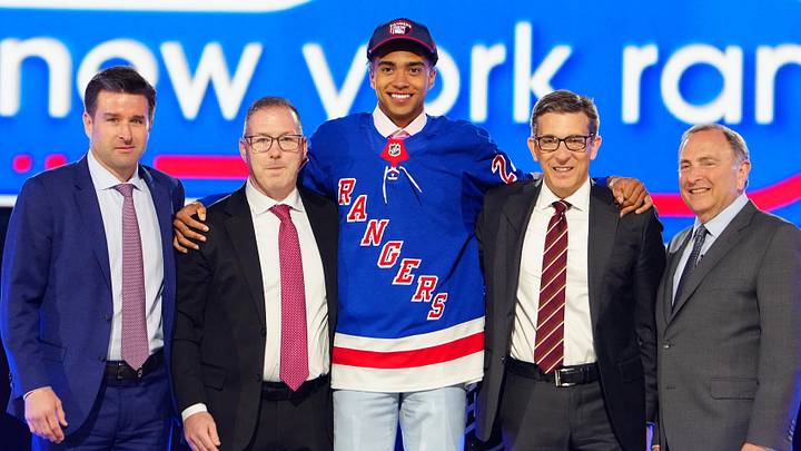 Jun 28, 2024; Las Vegas, Nevada, USA; Eric (EJ) Emery is selected by the New York Rangers with the 30th overall pick in the first round of the 2024 NHL Draft at The Sphere. Mandatory Credit: Stephen R. Sylvanie-USA TODAY Sports