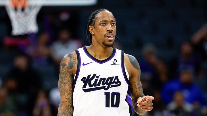 Oct 8, 2025; Sacramento, California, USA; Sacramento Kings guard/forward Demar Derozan (10) reacts during the first quarter against the Toronto Raptors at Golden 1 Center. Mandatory Credit: Sergio Estrada-Imagn Images Oct 8, 2025; Sacramento, California, USA; Sacramento Kings guard/forward Demar Derozan (10) reacts during the first quarter against the Toronto Raptors at Golden 1 Center. Mandatory Credit: Sergio Estrada-Imagn Images