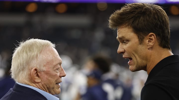 Aug 26, 2023; Arlington, Texas, USA; Dallas Cowboys owner Jerry Jones (L) talks to former NFL player Tom Brady (R) before the game against the Las Vegas Raiders at AT&T Stadium. Mandatory Credit: Tim Heitman-Imagn Images