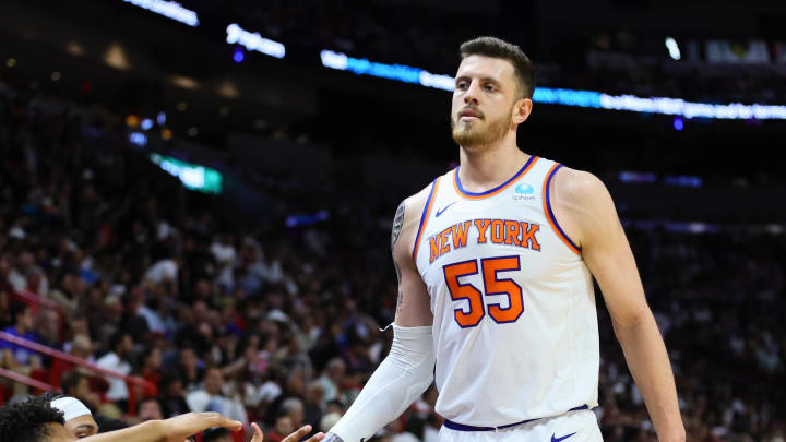 Apr 2, 2024; Miami, Florida, USA; New York Knicks center Isaiah Hartenstein (55) high-fives with teammates against the Miami Heat during the second quarter at Kaseya Center. Mandatory Credit: Sam Navarro-USA TODAY Sports Apr 2, 2024; Miami, Florida, USA; New York Knicks center Isaiah Hartenstein (55) high-fives with teammates against the Miami Heat during the second quarter at Kaseya Center. Mandatory Credit: Sam Navarro-USA TODAY Sports