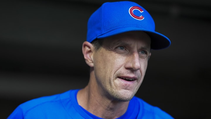 Sep 20, 2025; Cincinnati, Ohio, USA; Chicago Cubs manager Craig Counsell (11) stands in the dugout during the game against the Cincinnati Reds at Great American Ball Park. Mandatory Credit: Aaron Doster-Imagn Images