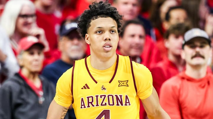 Jan 14, 2026; Tucson, Arizona, USA; Arizona State Sun Devils guard Bryce Ford (4) dribbles the ball during the first half of the game against the Arizona Wildcats at McKale Memorial Center. Mandatory Credit: Aryanna Frank-Imagn Images