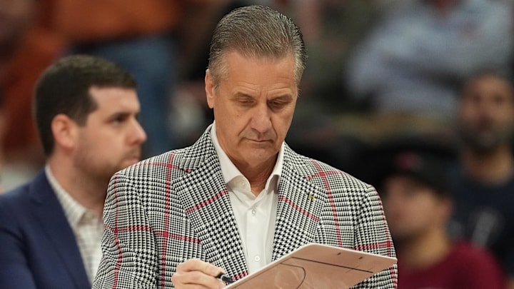 Arkansas Razorbacks coach John Calipari draws out a play during the first half against the Texas Longhorns at Moody Center. Mandatory Credit: Scott Wachter-Imagn Images