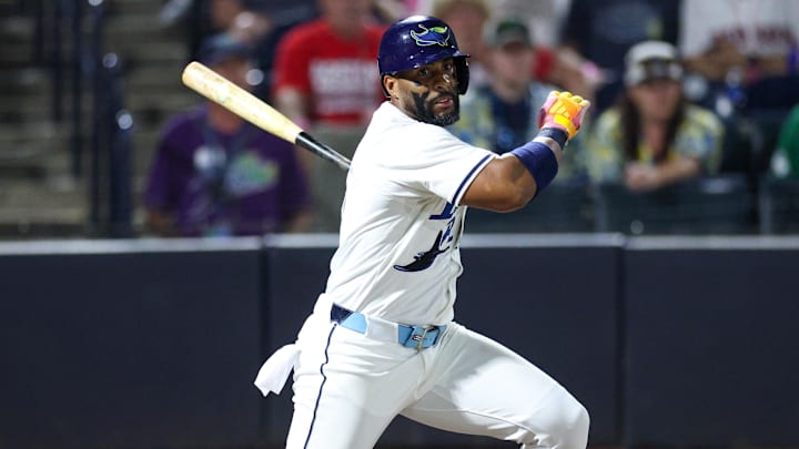 Sep 20, 2025; Tampa, Florida, USA; Tampa Bay Rays first baseman Yandy Diaz (2) hits an rbi single against the Boston Red Sox in the seventh inning at George M. Steinbrenner Field. Sep 20, 2025; Tampa, Florida, USA; Tampa Bay Rays first baseman Yandy Diaz (2) hits an rbi single against the Boston Red Sox in the seventh inning at George M. Steinbrenner Field.