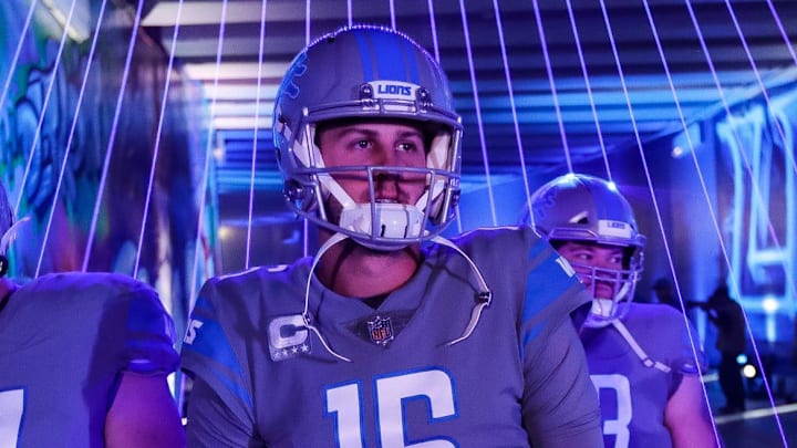 Detroit Lions quarterback Jared Goff (16) prepares to enter Ford Field 
