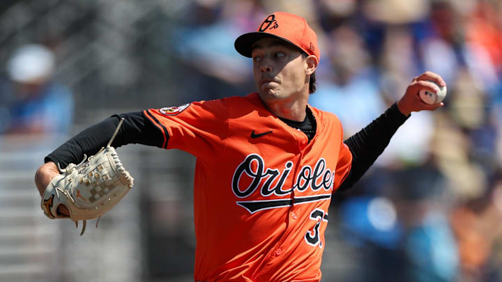 Mar 13, 2025; Dunedin, Florida, USA; Baltimore Orioles pitcher Cade Povich (37) throws a pitch against the Toronto Blue Jays in the first inning during spring training at TD Ballpark. 