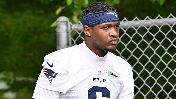 Jun 9, 2025; Foxborough, MA, USA; New England Patriots wide receiver Javon Baker (6) walks to the practice fields at Gillette Stadium. Mandatory Credit: Eric Canha-Imagn Images
