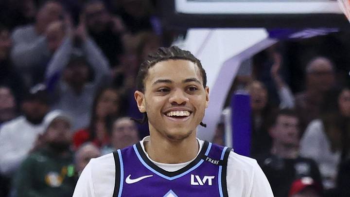 Jan 30, 2026; Salt Lake City, Utah, USA; Utah Jazz guard Keyonte George (3) reacts after a three point basket against the Brooklyn Nets during the second half at Delta Center. Mandatory Credit: Rob Gray-Imagn Images
