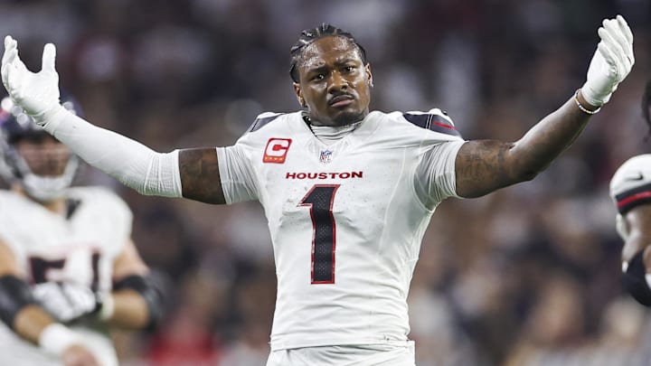 Sep 15, 2024; Houston, Texas, USA; Houston Texans wide receiver Stefon Diggs (1) reacts after a play during the second quarter against the Chicago Bears at NRG Stadium. Mandatory Credit: Troy Taormina-Imagn Images