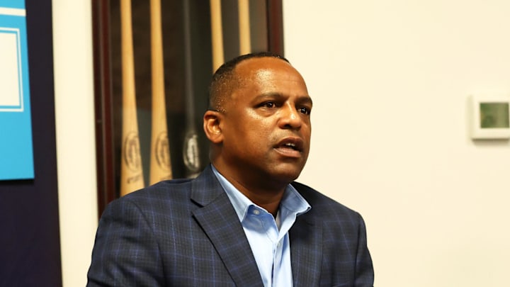 Feb 15, 2024; Tampa, FL, USA; Houston Astros general manager Dana Brown talks with media at George M. Steinbrenner Field. Mandatory Credit: Kim Klement Neitzel-Imagn Images