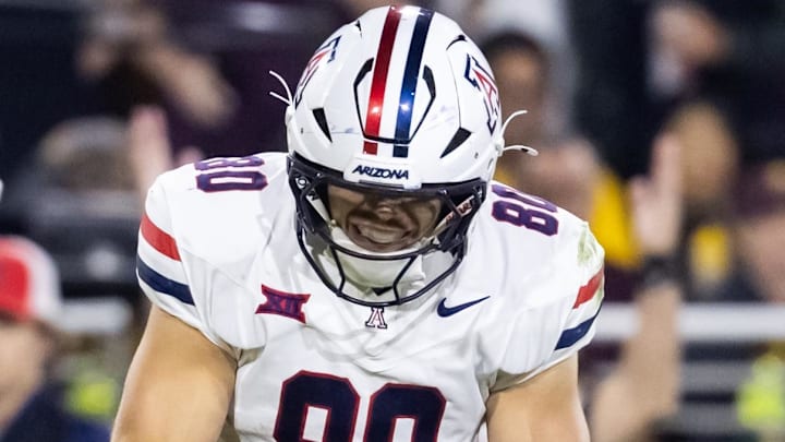 Nov 28, 2025; Tempe, Arizona, USA; Arizona Wildcats tight end Cameron Barmore (80) celebrates after scoring a touchdown against the Arizona State Sun Devils in the second half during the 99th Territorial Cup at Mountain America Stadium. Mandatory Credit: Mark J. Rebilas-Imagn Images