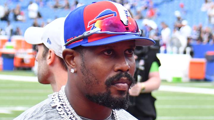 Sep 17, 2023; Orchard Park, New York, USA; Buffalo Bills linebacker Von Miller on the field before a game against the Las Vegas Raiders at Highmark Stadium. Mandatory Credit: Mark Konezny-USA TODAY Sports