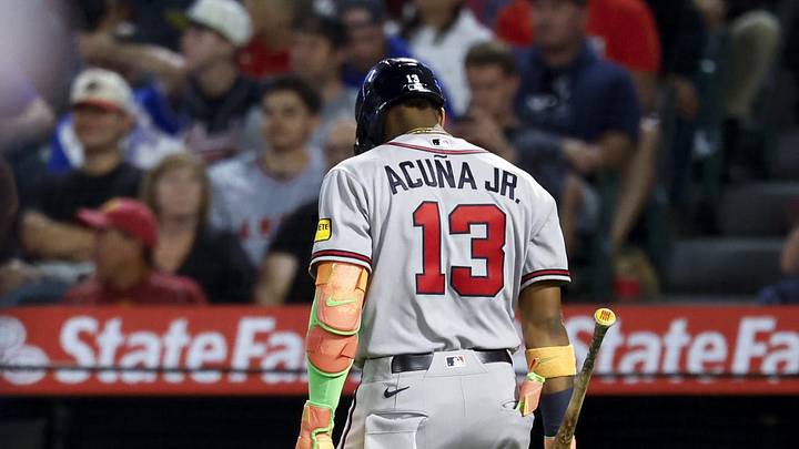Apr 7, 2026; Anaheim, California, USA; Atlanta Braves right fielder Ronald Acuña Jr. (13) reacts after striking out during the sixth inning against the Los Angeles Angels at Angel Stadium. Mandatory Credit: William Navarro-Imagn Images Apr 7, 2026; Anaheim, California, USA; Atlanta Braves right fielder Ronald Acuña Jr. (13) reacts after striking out during the sixth inning against the Los Angeles Angels at Angel Stadium. Mandatory Credit: William Navarro-Imagn Images