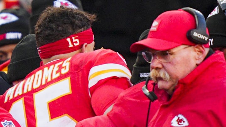 Dec 14, 2025; Kansas City, Missouri, USA; Kansas City Chiefs quarterback Patrick Mahomes (15) is attended to by team medical staff following an injury during the fourth quarter against the Los Angeles Chargers at GEHA Field at Arrowhead Stadium. Kansas City Chiefs head coach Andy Reid, second from right, stands on the sideline Mandatory Credit: Jay Biggerstaff-Imagn Images Dec 14, 2025; Kansas City, Missouri, USA; Kansas City Chiefs quarterback Patrick Mahomes (15) is attended to by team medical staff following an injury during the fourth quarter against the Los Angeles Chargers at GEHA Field at Arrowhead Stadium. Kansas City Chiefs head coach Andy Reid, second from right, stands on the sideline Mandatory Credit: Jay Biggerstaff-Imagn Images