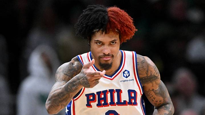 Apr 21, 2026; Boston, Massachusetts, USA; Philadelphia 76ers guard Kelly Oubre Jr. (9) reacts after making a three-point basket against the Boston Celtics in the second half of a game two of the first round of the 2026 NBA Playoffs at TD Garden. Mandatory Credit: Brian Fluharty-Imagn Images
