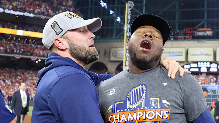 Houston Astros relief pitcher Hector Neris (50) celebrates after the Astros defeated the Philadelphia Phillies in game six winning the 2022 World Series at Minute Maid Park.