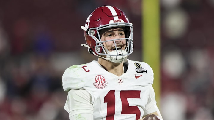 Dec 19, 2025; Norman, OK, USA; Alabama Crimson Tide quarterback Ty Simpson (15) celebrates a win after a game against the Oklahoma Sooners at Gaylord Family OK Memorial Stadium. Mandatory Credit: Nelson Chenault-Imagn Images Dec 19, 2025; Norman, OK, USA; Alabama Crimson Tide quarterback Ty Simpson (15) celebrates a win after a game against the Oklahoma Sooners at Gaylord Family OK Memorial Stadium. Mandatory Credit: Nelson Chenault-Imagn Images