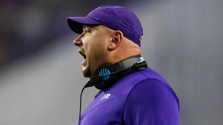 Dec 31, 2022; Glendale, Arizona, USA; TCU Horned Frogs co-offensive coordinator A.J. Ricker against the Michigan Wolverines during the 2022 Fiesta Bowl at State Farm Stadium. Mandatory Credit: Mark J. Rebilas-USA TODAY Sports