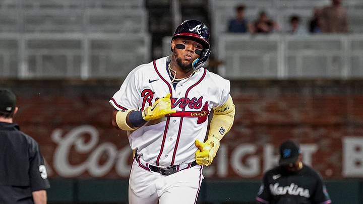 Aug 6, 2026; Cumberland, Georgia, USA; Atlanta Braves right fielder Ronald Acuna Jr. (13) reacts after hitting a home run against the Miami Marlins during the eighth inning at Truist Park. Mandatory Credit: Dale Zanine-Imagn Images Aug 6, 2026; Cumberland, Georgia, USA; Atlanta Braves right fielder Ronald Acuna Jr. (13) reacts after hitting a home run against the Miami Marlins during the eighth inning at Truist Park. Mandatory Credit: Dale Zanine-Imagn Images