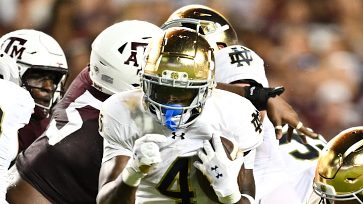 Aug 31, 2024; College Station, Texas, USA; Notre Dame Fighting Irish running back Jeremiyah Love (4) breaks free and runs the ball into the end zone for a touchdown in the fourth quarter against the Texas A&M Aggies at Kyle Field. Aug 31, 2024; College Station, Texas, USA; Notre Dame Fighting Irish running back Jeremiyah Love (4) breaks free and runs the ball into the end zone for a touchdown in the fourth quarter against the Texas A&M Aggies at Kyle Field.