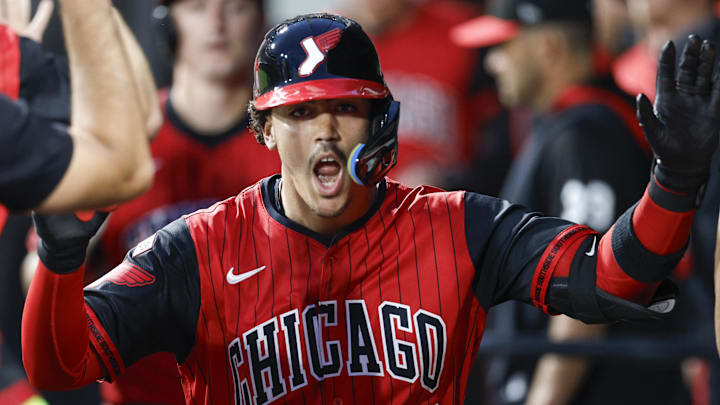 Sep 19, 2025; Chicago, Illinois, USA; Chicago White Sox first baseman Miguel Vargas (20) celebrates with teammates in the dugout after hitting a two-run home run against the San Diego Padres during the first inning at Rate Field. Mandatory Credit: Kamil Krzaczynski-Imagn Images