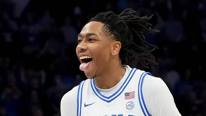 Mar 14, 2026; Charlotte, NC, USA; Duke Blue Devils guard Isaiah Evans (3) celebrates after a play against the Virginia Cavaliers during the men's ACC Conference Tournament Championship at Spectrum Center. Mandatory Credit: Bob Donnan-Imagn Images